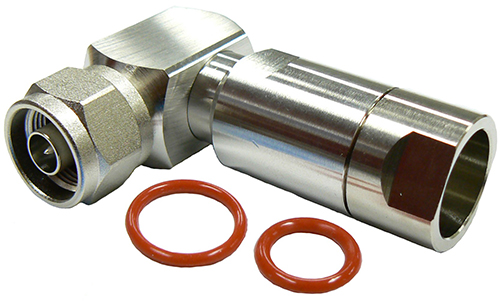 N-type male right-angle low P.I.M. clamp connector for 1/2″ flexible cable, DC-11GHz, 50 Ohms – tri-metal plated